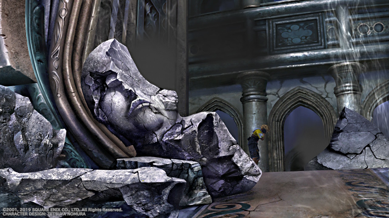 A damaged statue in the foreground with Tidus standing holding his head in his hands in the background