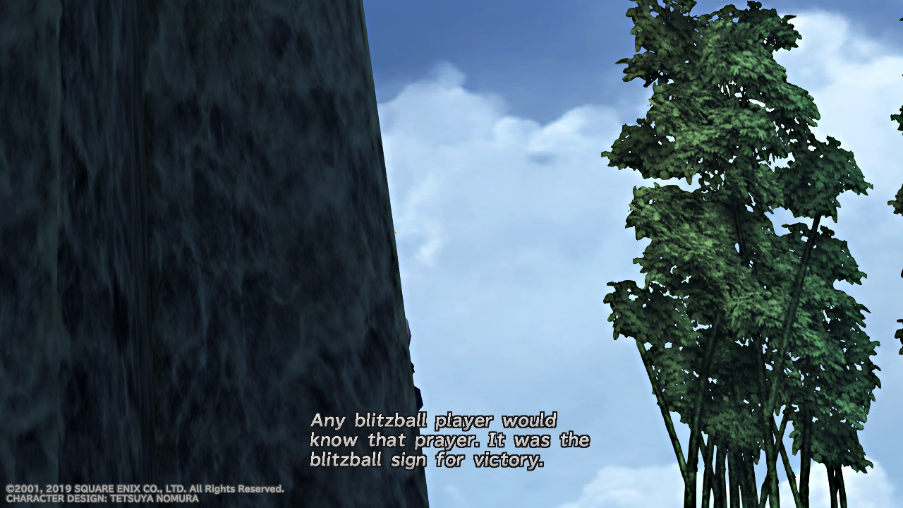 A screenshot of the sky and a tree while Tidus says "Any blitzball player would know that prayer. It was the blitzball sign for victory"