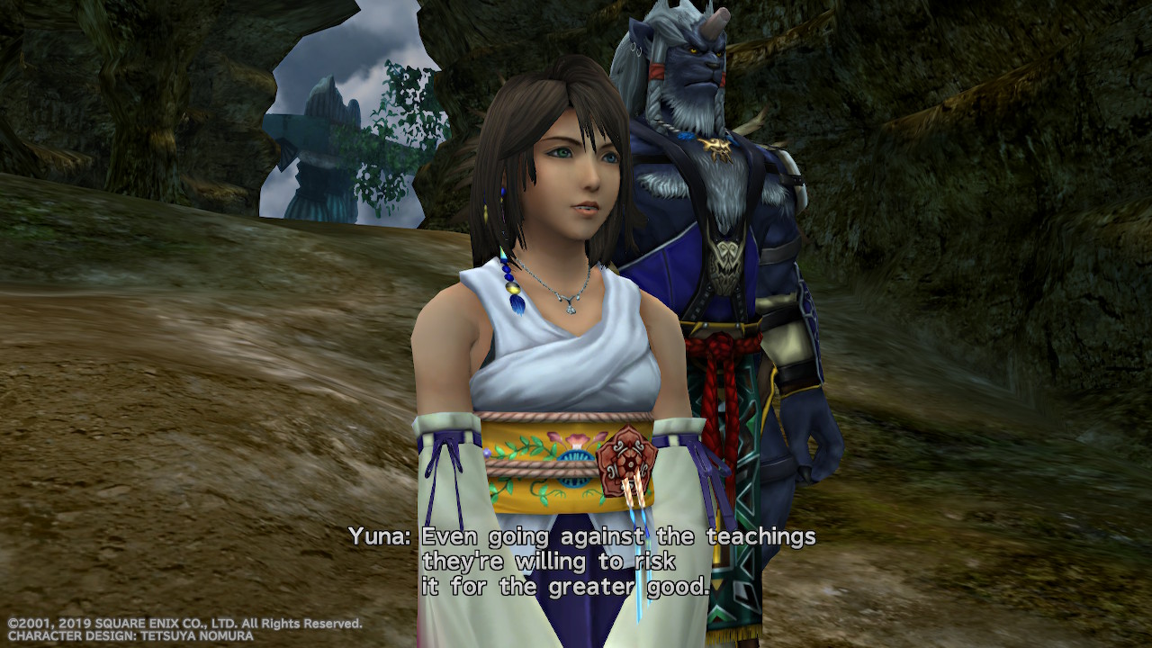 A screenshot of Yuna and a lion man where Yuna is saying "even going against the teachings they're willing to risk it for the greater good."