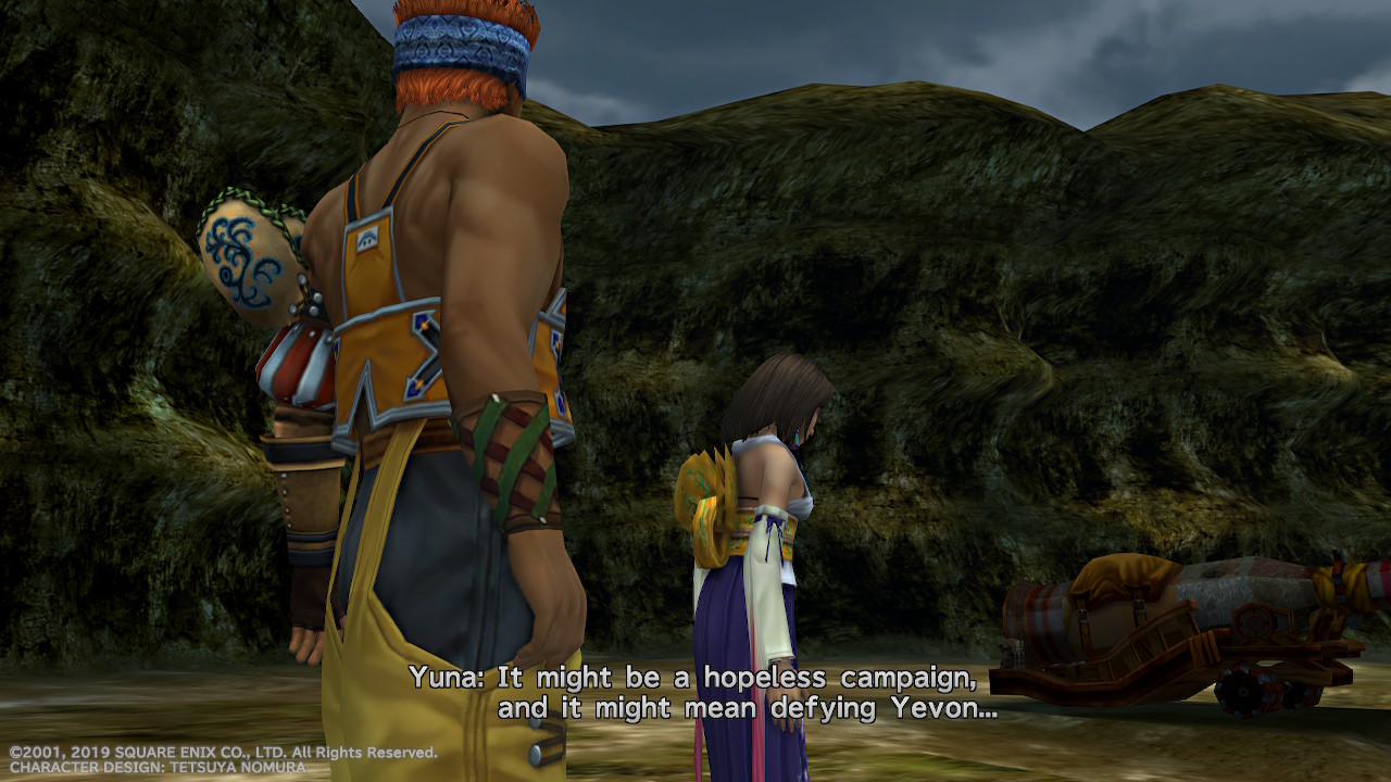 Wakka and Yuna standing together. Yuna is saying "even if it means defying Yevon"