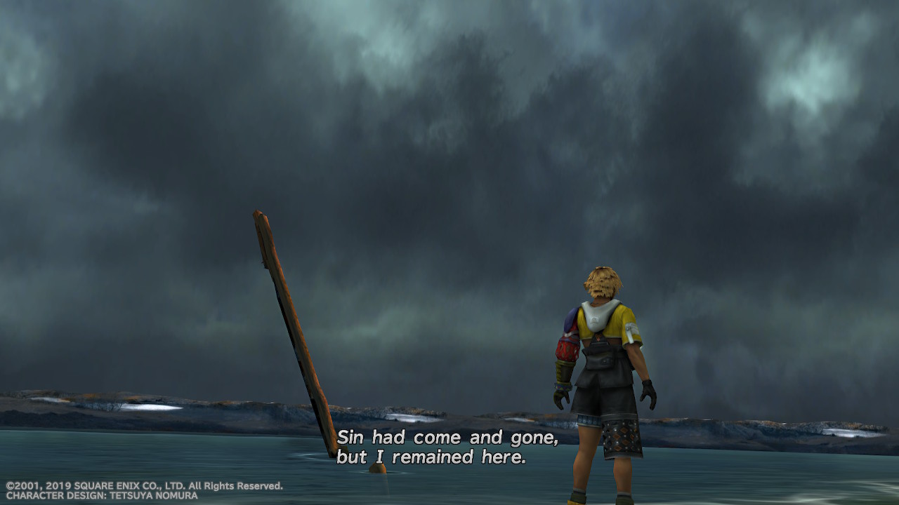 A screenshot of Tidus standing in front of a grey ocean covered in fog. The sky above is dark grey and cloudy. Tidus' narration says "Sin had come and gone, but I remained here."