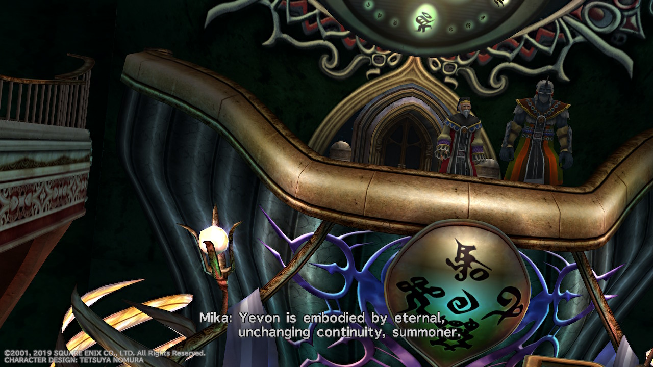 Screenshot from Final Fantasy X of Mika saying "Yevon is embodied eternal, unchanging continuity, summorner."