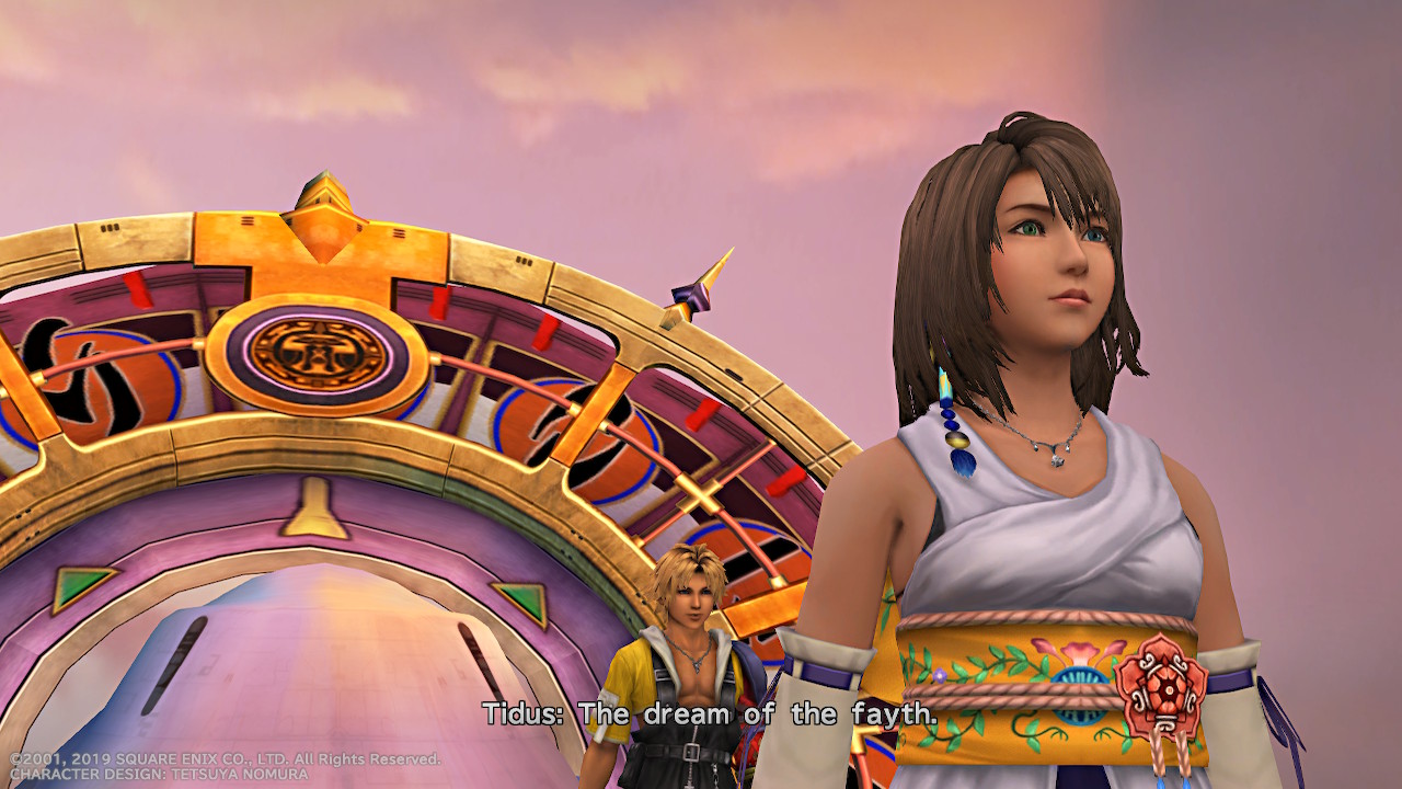 Yuna standing in front of Tidus and some kind of gate. Tidus is saying "the dream of the fayth"