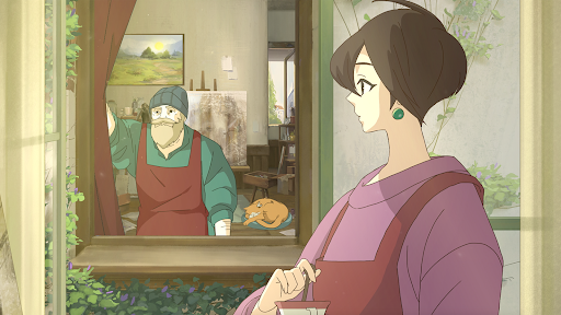 Screenshot of an older man looking across the window to the artist main character