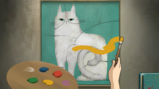 Screenshot from the game of a palette and hand holding a paintbrush facing a cat painting