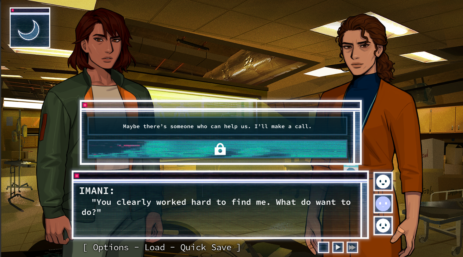 Screenshot from Love Shore of two characters talking. Imani is saying "You clearly worked hard to find me. What do you want to do?"