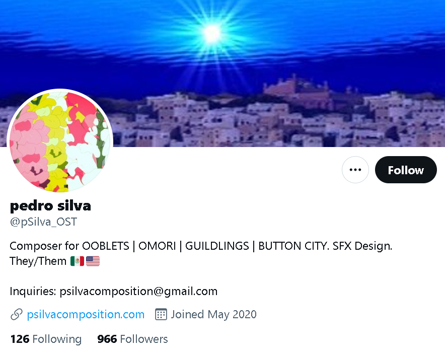 Screenshot of Pedro Silva's Twitter account, which includes Button City in the bio
