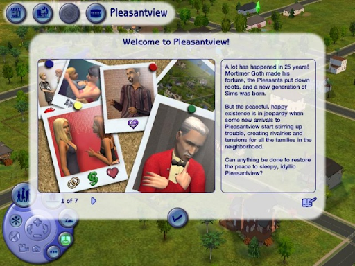 A screenshot from The Sims 2 explaining the lore of Pleasant View
