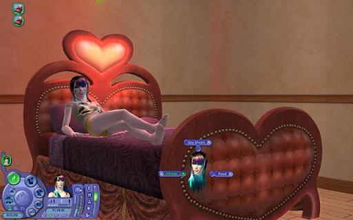 A Sims 2 screenshot where two sims are in bed woo hooing with a heart over them