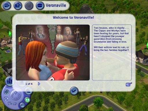 Screenshot from the Sims saying welcome to Veronaville