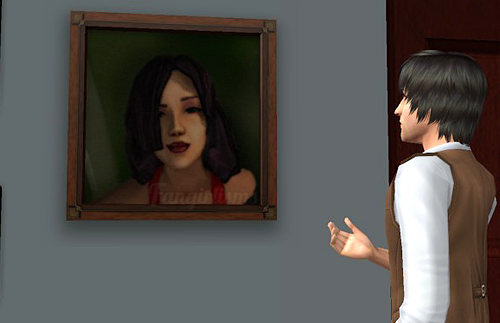 Screenshot of a sim looking at a painting on a wall