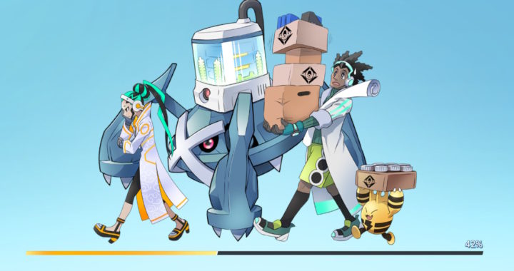 A screenshot of the Pokémon Unite loading screen with the two professors