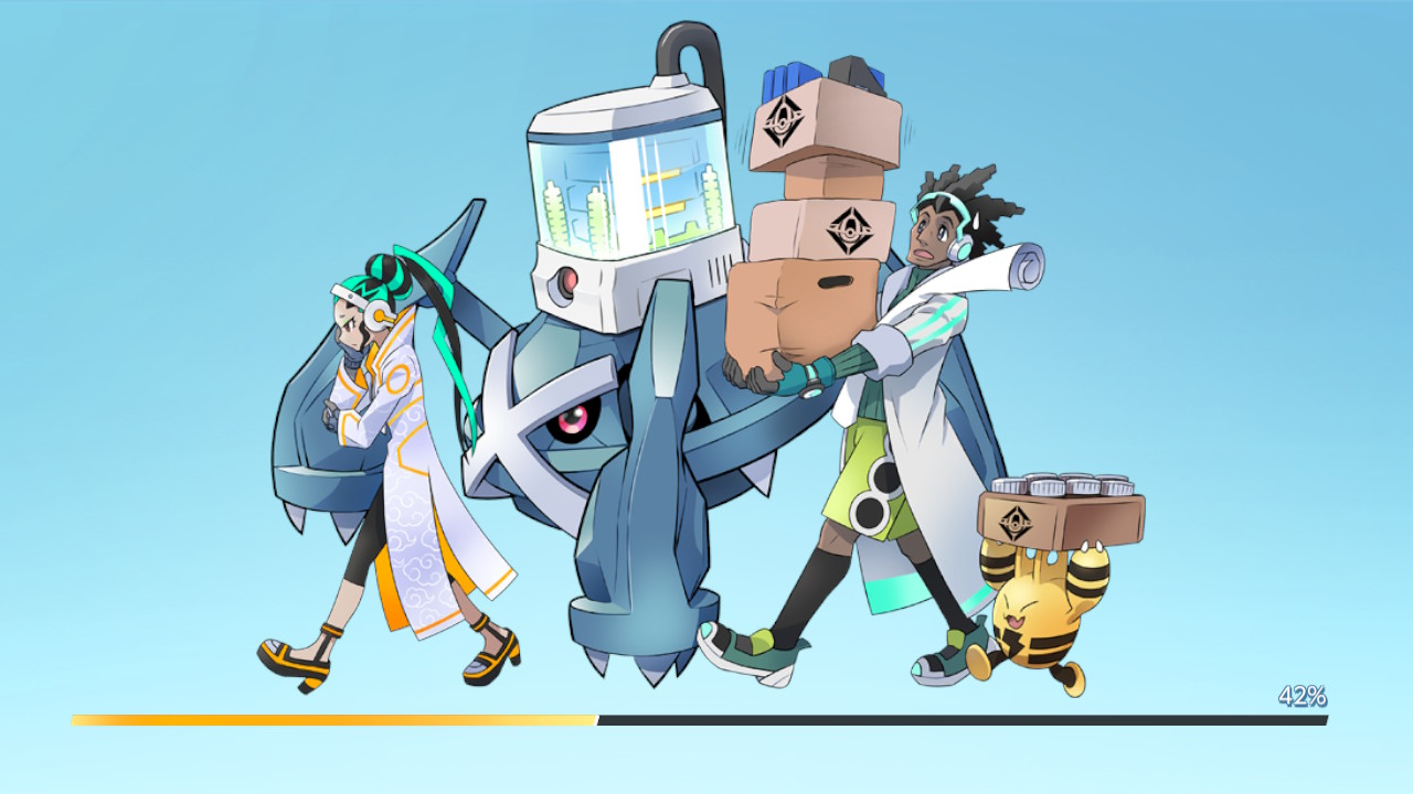 A screenshot of the Pokémon Unite loading screen with the two professors