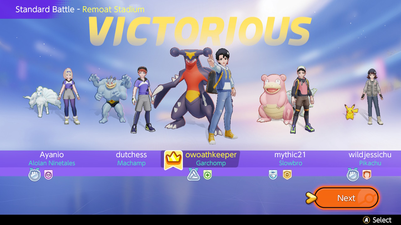 A screenshot of the Victory screen in Pokémon Unite