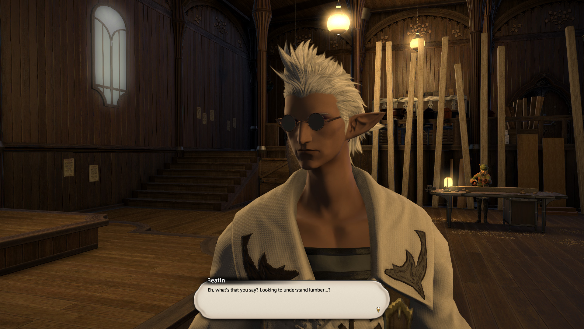 Screenshot of Beatin, who has pointy ears, spiked white hair, and circular black lensed sunglasses. He's asking the player character if they want to get familiar with lumber