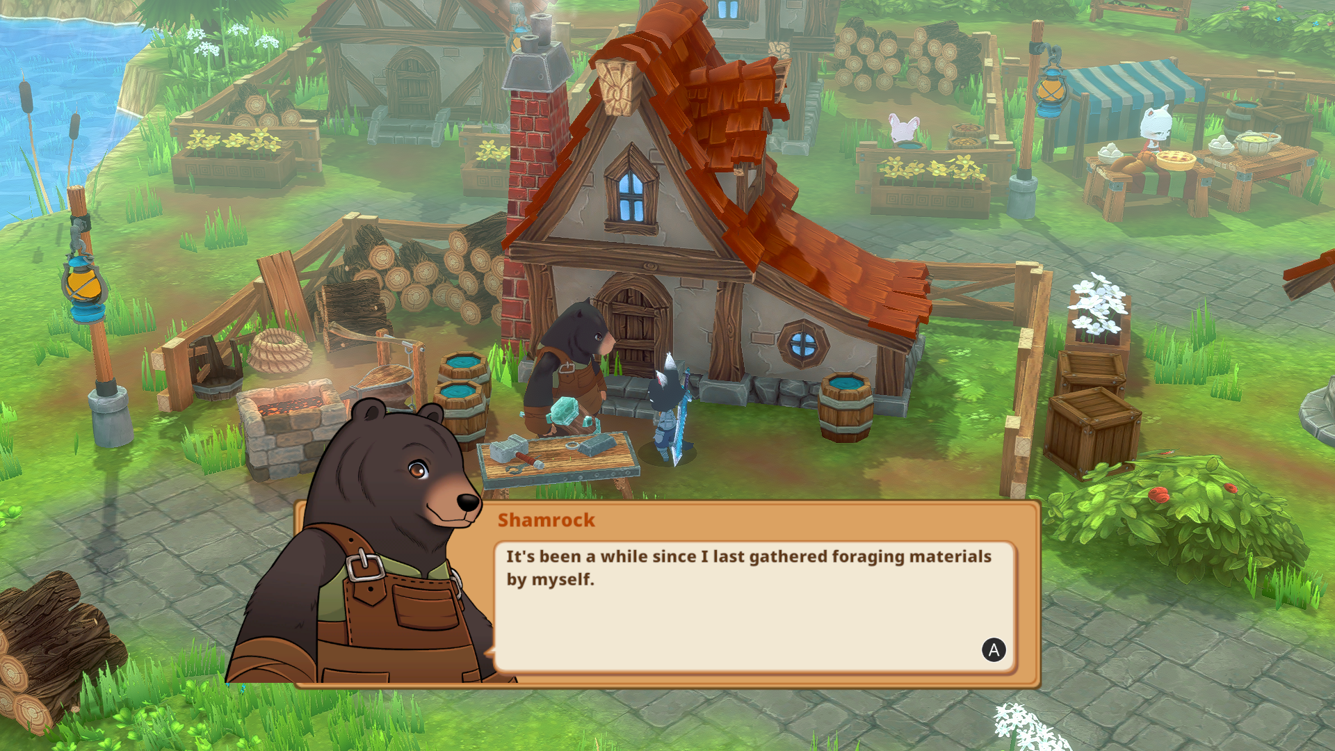 Screenshot of the Bear blacksmith saying it's been a while since he's foraged for materials