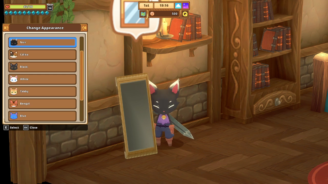 Screenshot of Nyan using the mirror to change fur patterns