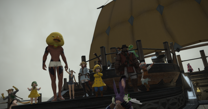 Screenshot of several player characters in various outfits on a ship. In the foreground is one in boxers with a chockabo mask on