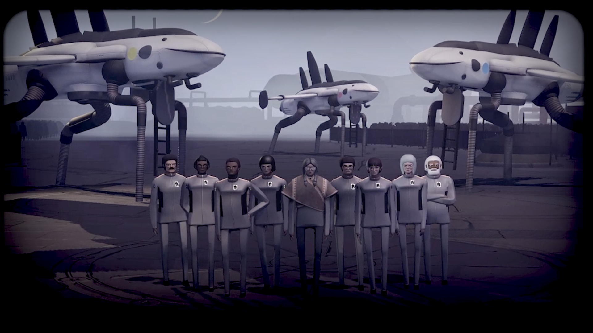 An in-game photo of all nine people on the expedition to the Far Shore and the jetts behind them