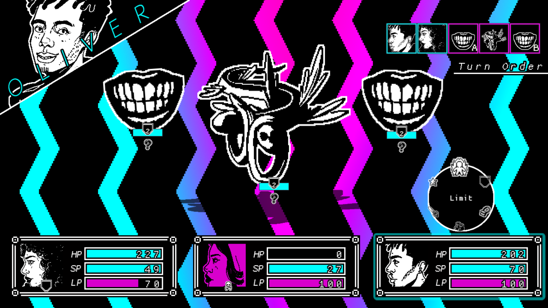 A screenshot of Thalia and Oliver in battle with mind monsters that look like grinning mouths