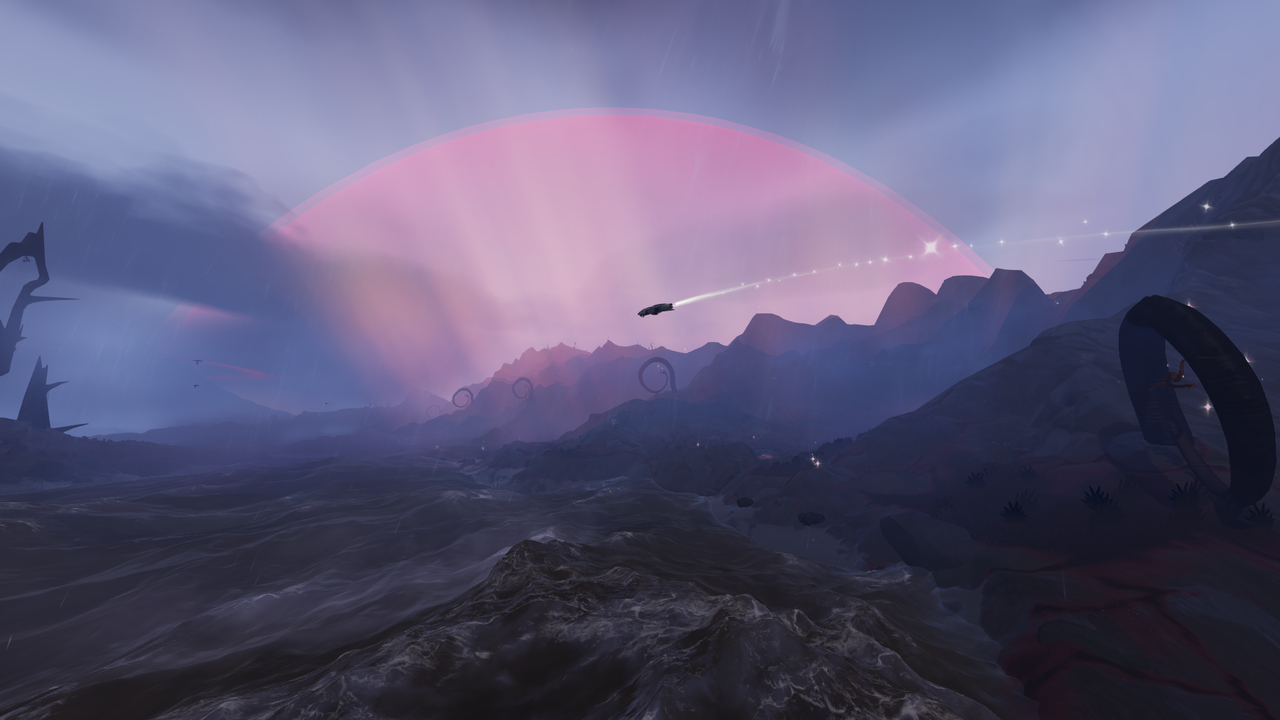 The jett going over rocky terrain with a sparkly trail behind it. There's a pink orb glowing in the sky behind it