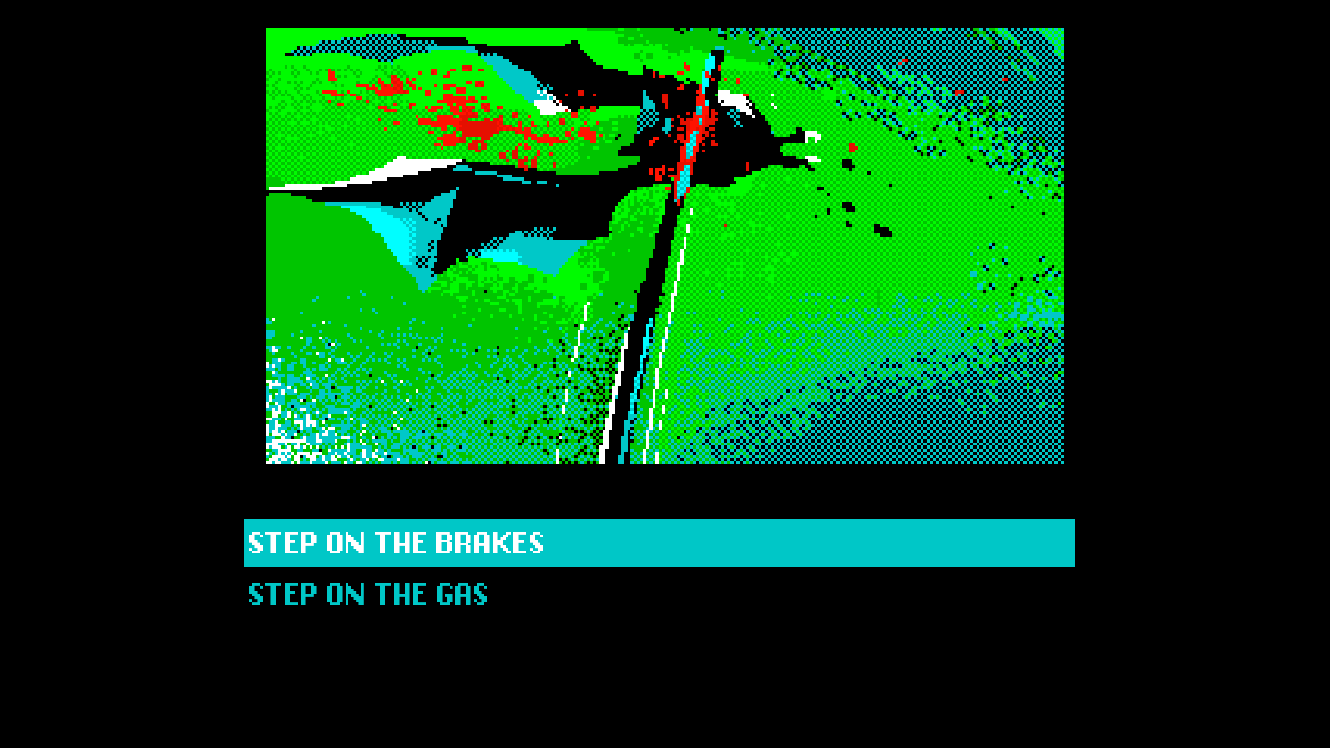 Screenshot of a bat hitting a car antenna, the options say "stop or hit the gas"