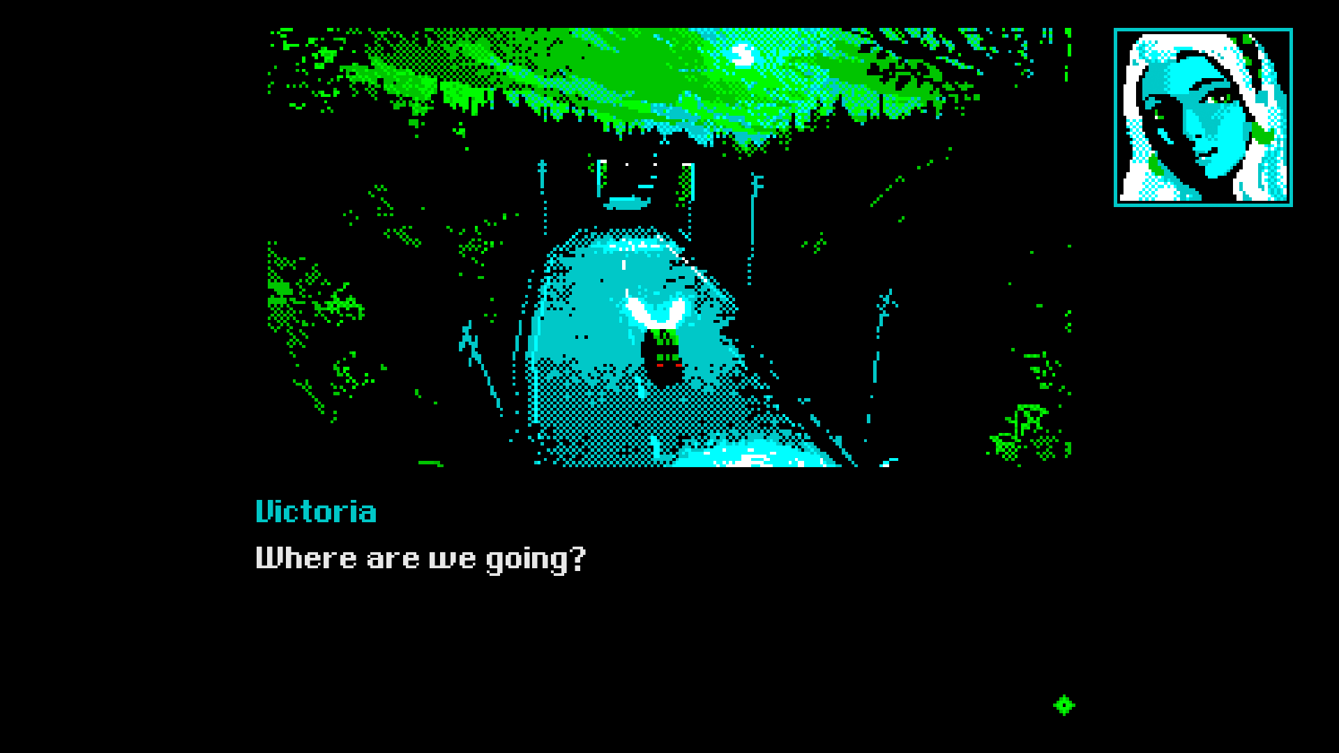 A screenshot of Mothmen 1966 where a car is driving down a wooded road under eerie green moonlight