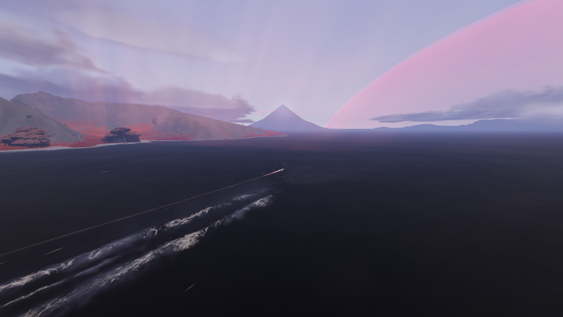 A screenshot of the jett flying over the ocean with an island to the left and the pink gloaming orb to the right