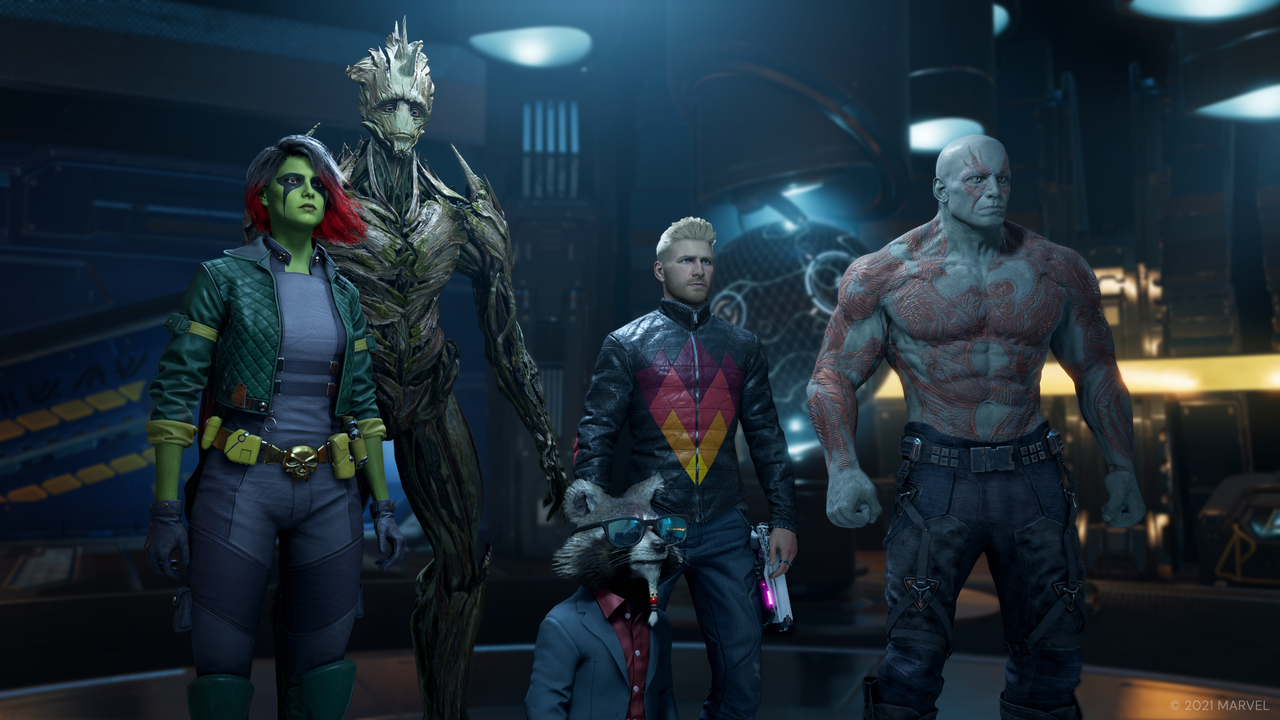 Star Lord, Drax, Groot, Rocket and Gamora standing together facing the camera