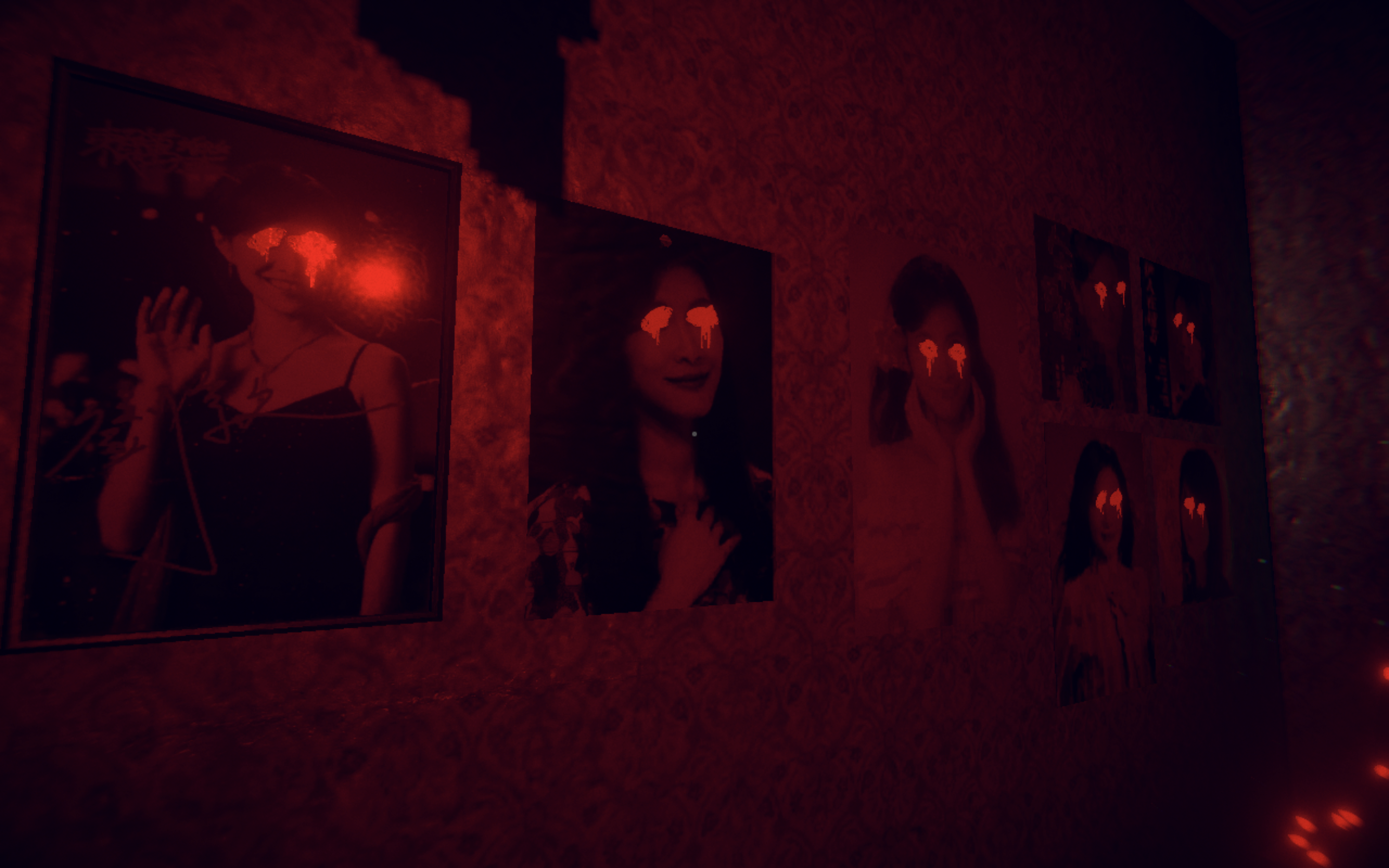 A family shrine with a red filter over it from Devotion. The eyes are glowing red
