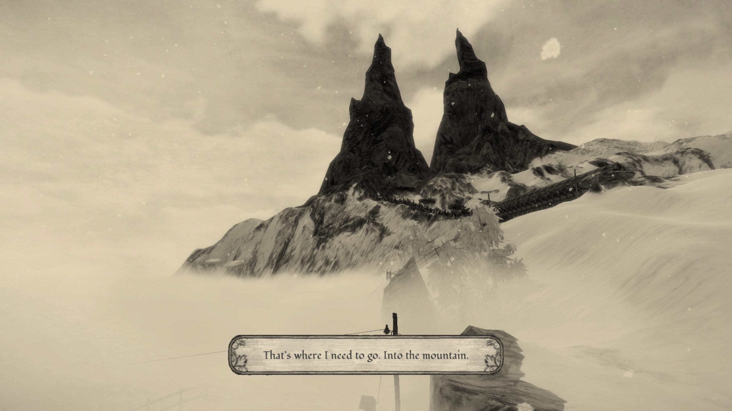 A screenshot of the twin mountain peaks in Mundaun with the protagonist saying "that's where I need to go. Into the mountains"