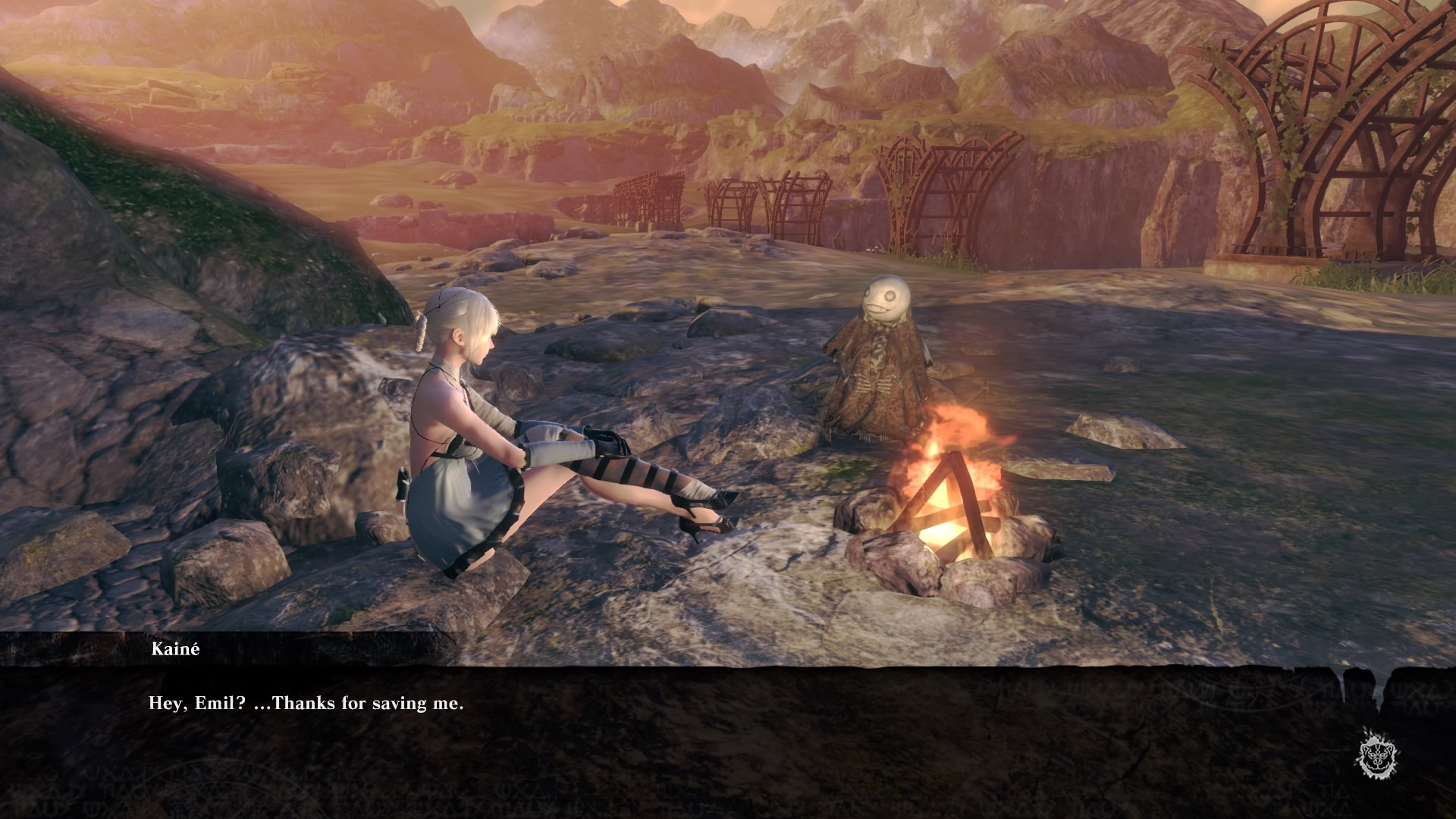 Kaine and Emil sitting next to a fire. Kaine is thanking Emil for saving her