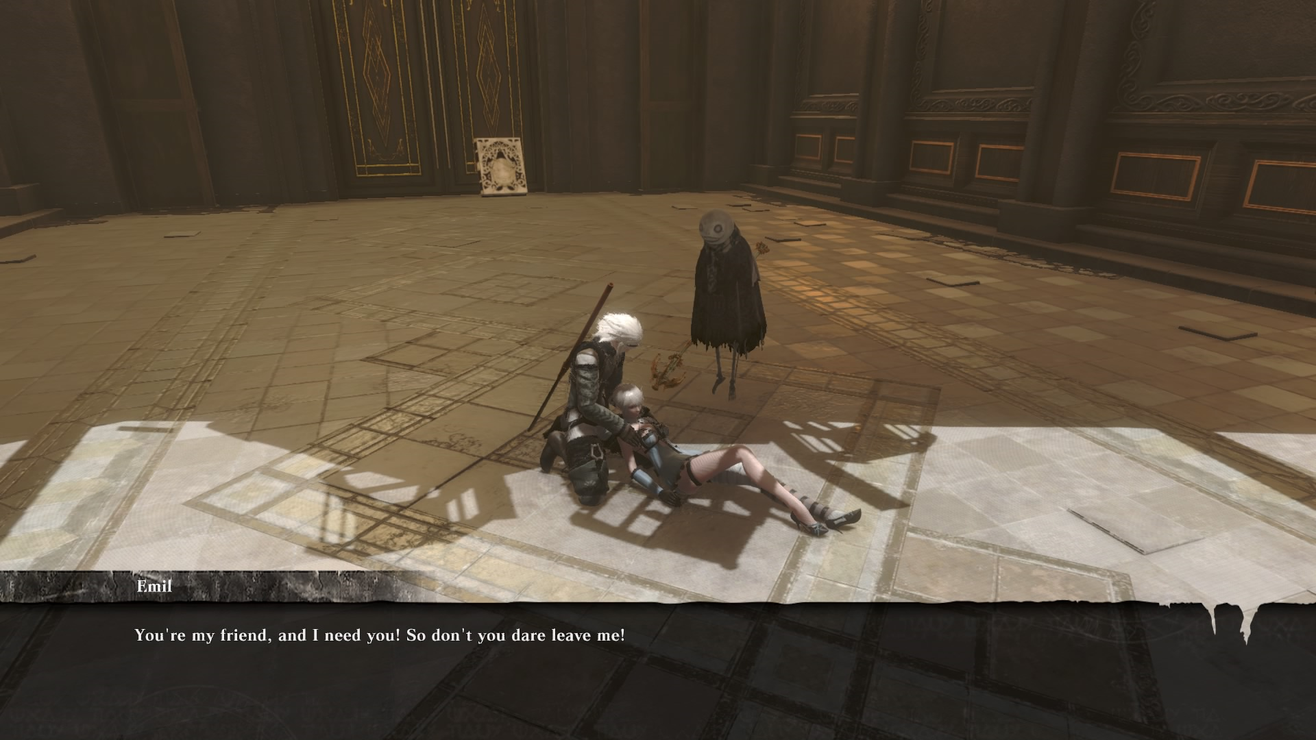 Nier and Emil standing over Kaine's body. Emil is saying "You're my friend and I need you. So don't you dare leave me!"