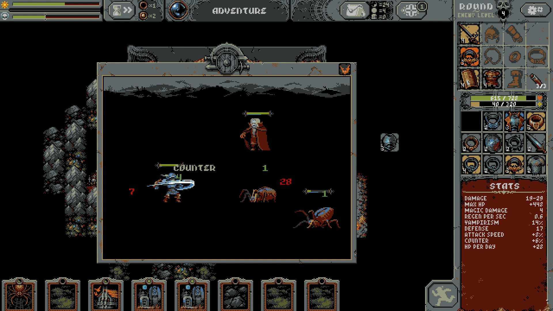 A screenshot of the hero battling two spiders and a vampire in Loop Hero