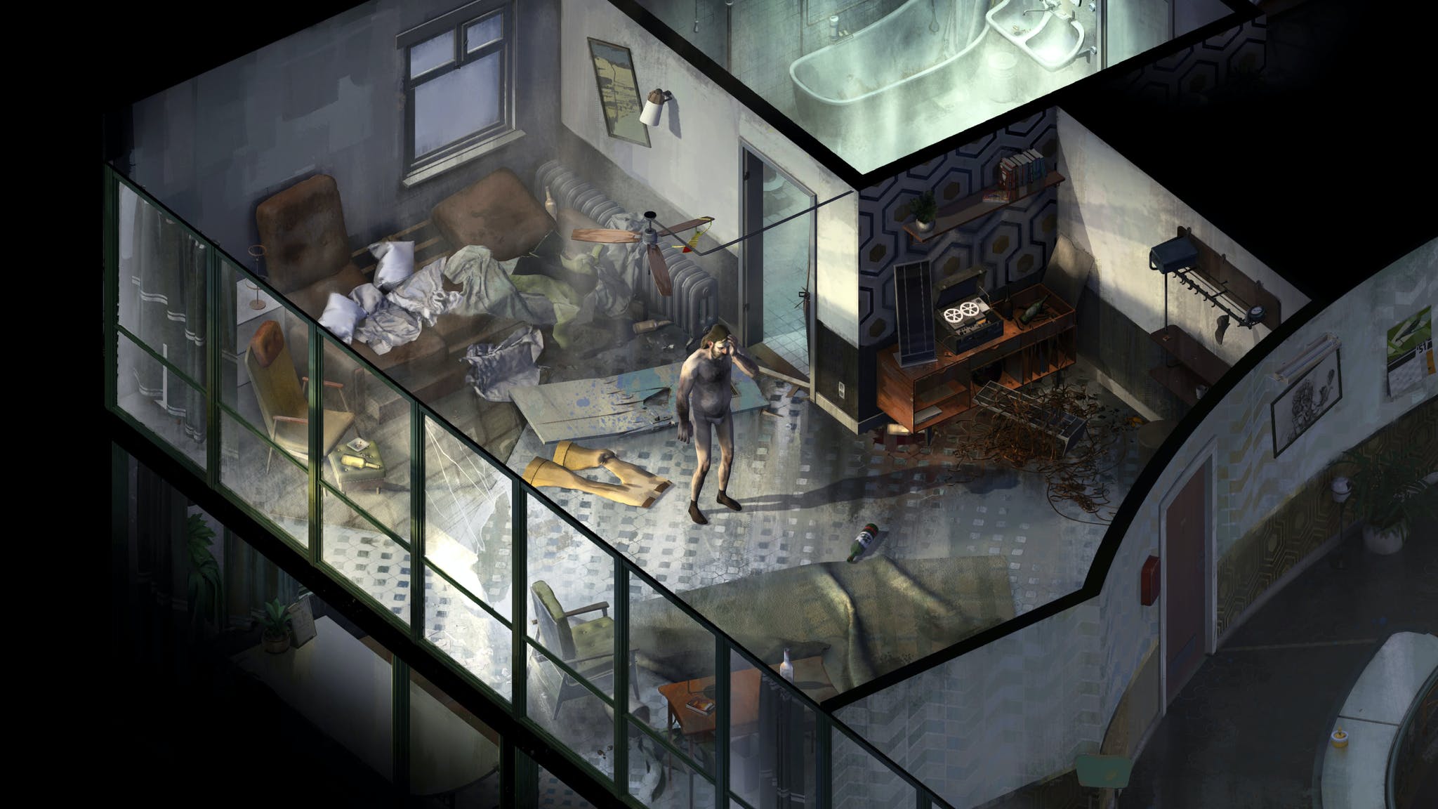 A screenshot of the start of Disco Elysium where Harry is standing in the middle of a messy room in his underwear