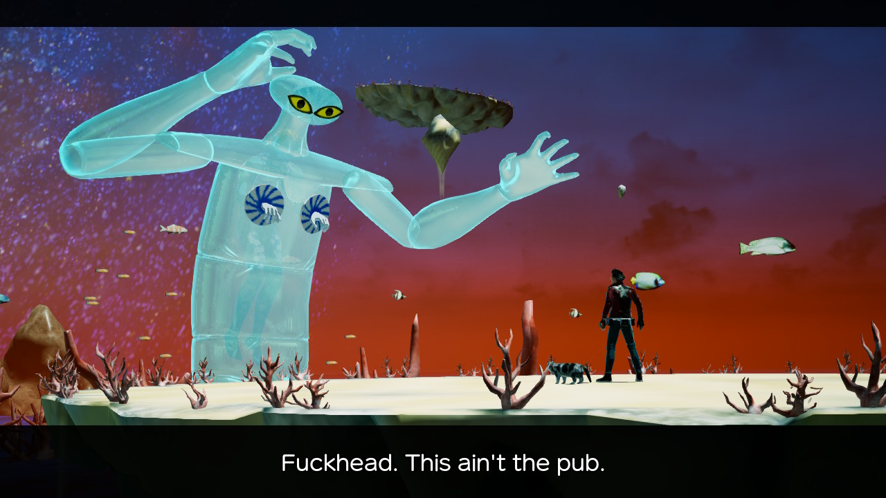 A large, blue, humanoid creature looking down on Travis and saying "Fuckhead. This ain't the pub."