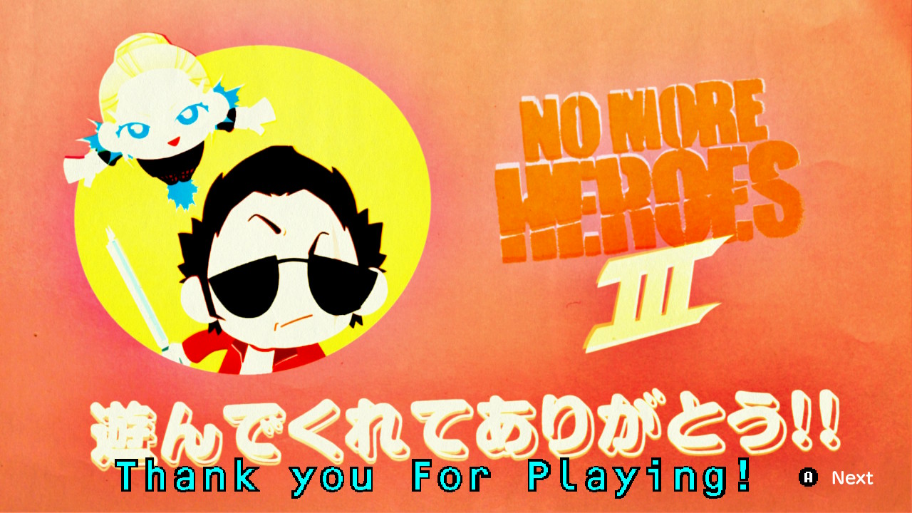 End screen for No More Heroes 3. It has a chibi version of Travis saying thank you for playing