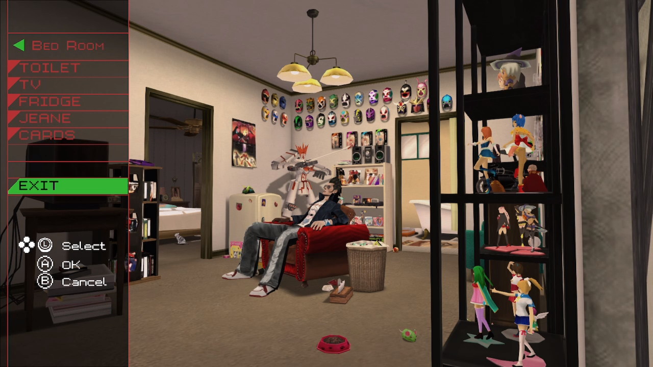 Screenshot of Travis sitting in his apartment. There are knick knacks all over the walls and shelves