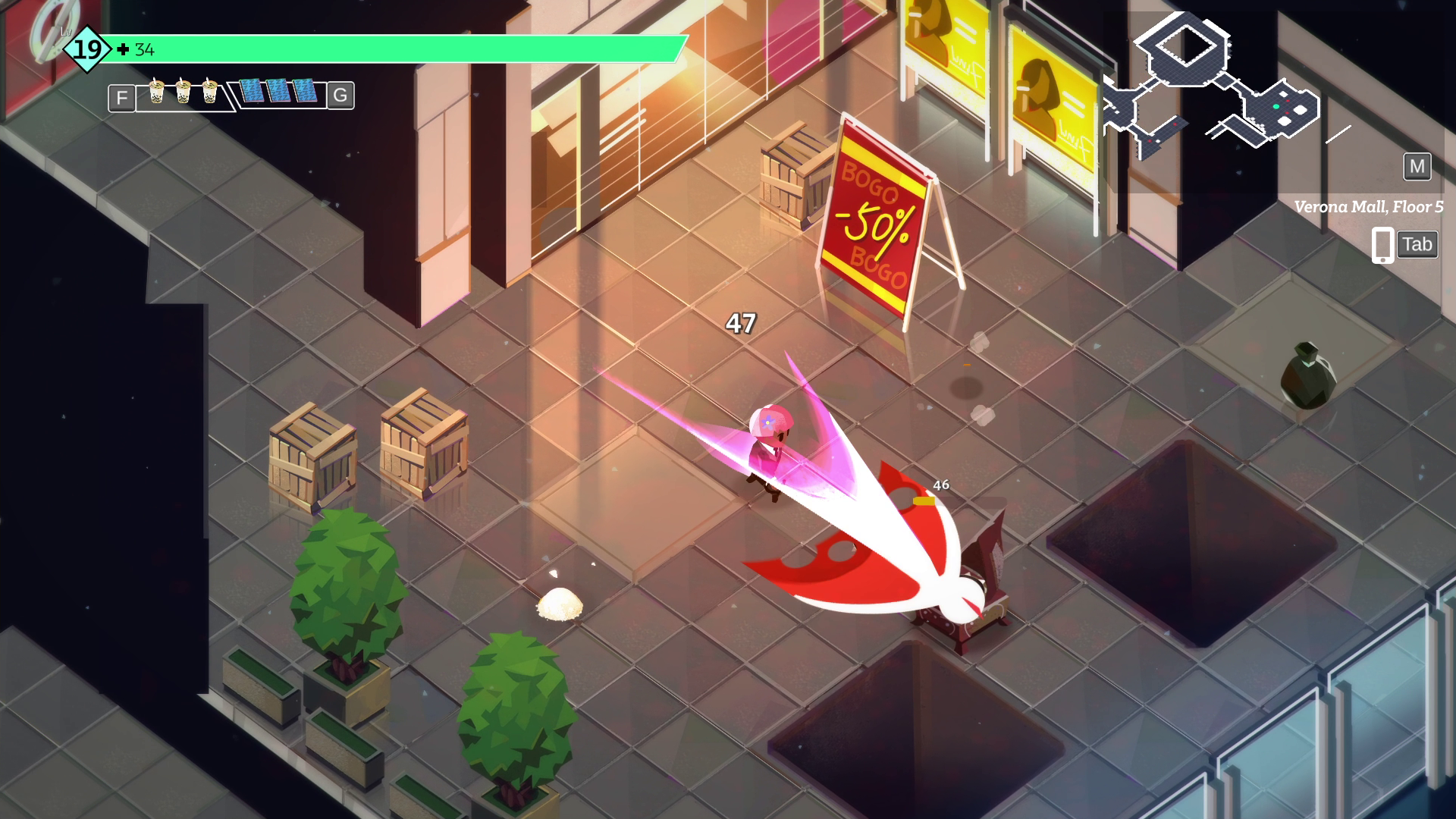A screenshot of combat from Boyfriend Dungeon on a level of the mall. There's a 50% off sale sign