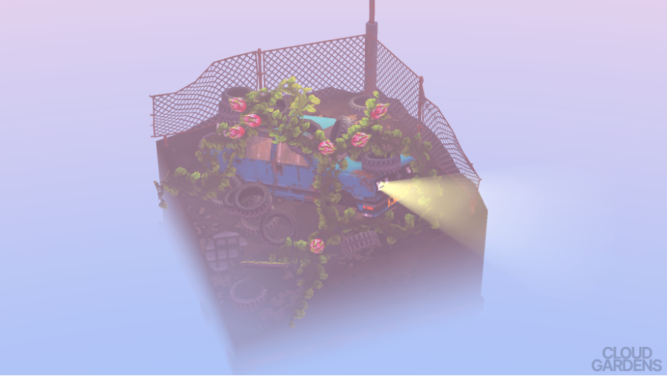 A garden in Cloud Gardens with a chanlink fence surrounding it. Roses are growing from a car with its headlights still on