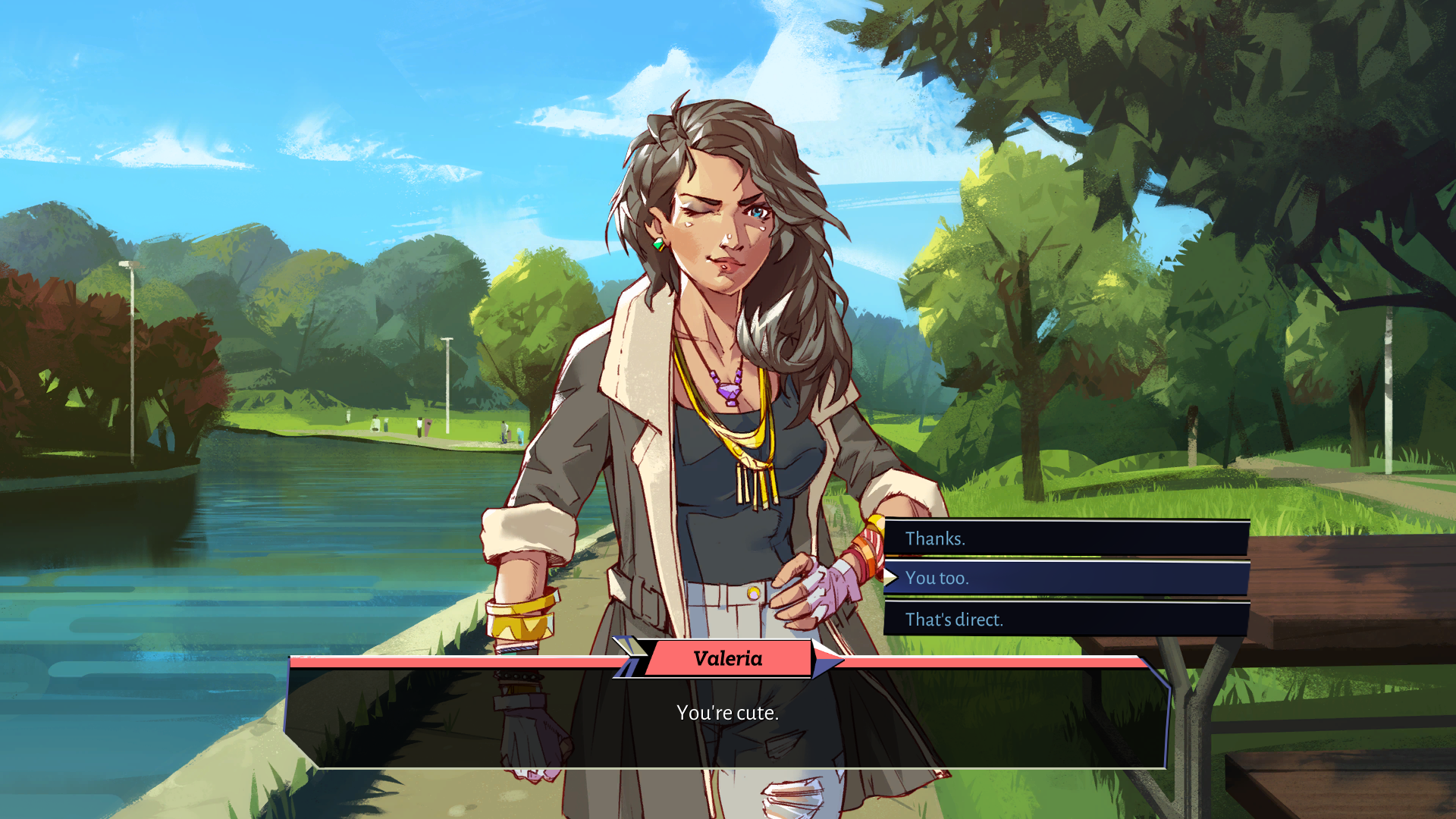 A screenshot of Valeria the dagger character telling the player character she thinks they're cute