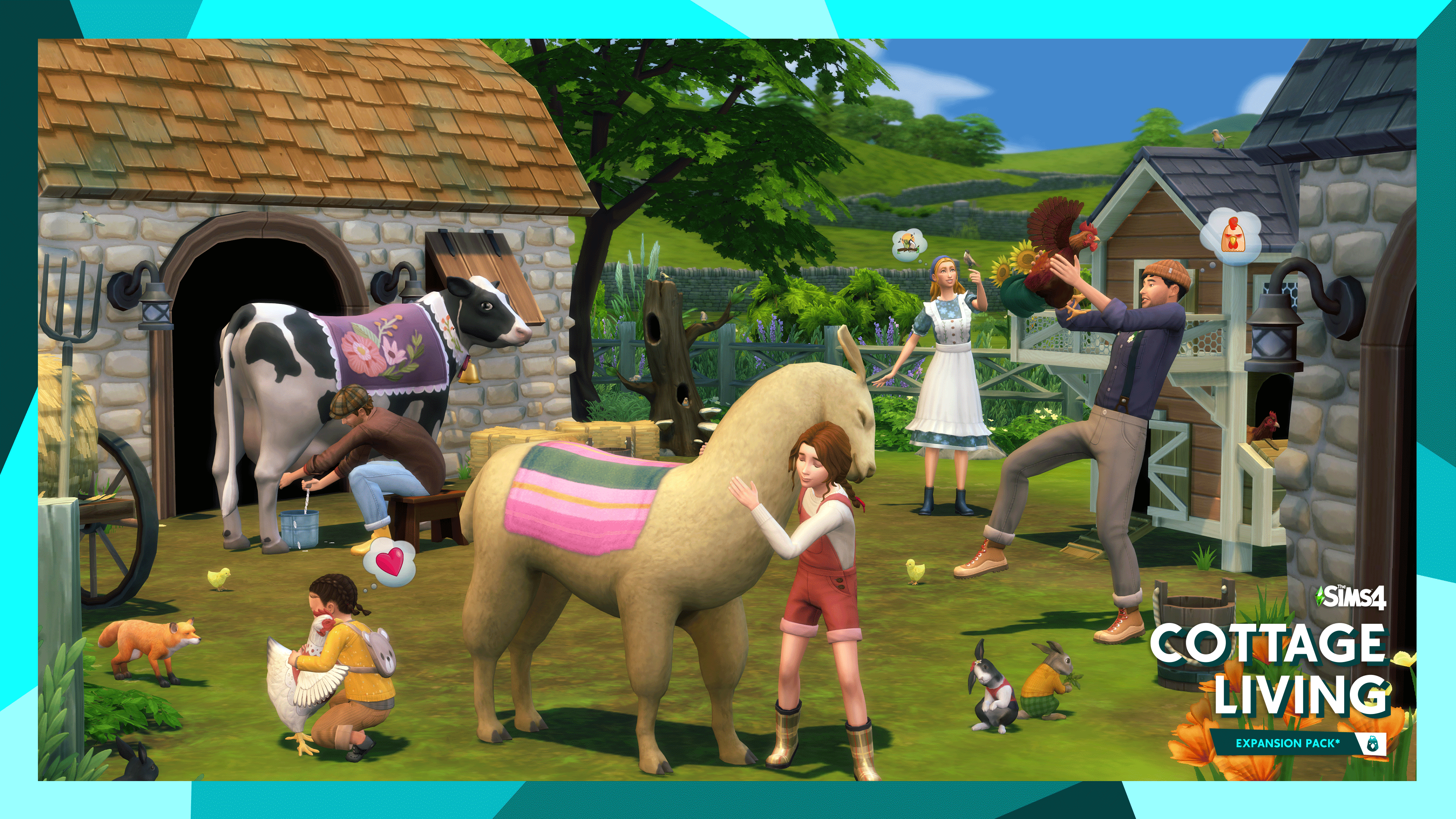 A sim in Cottage Living hugging a horse while other sims watch