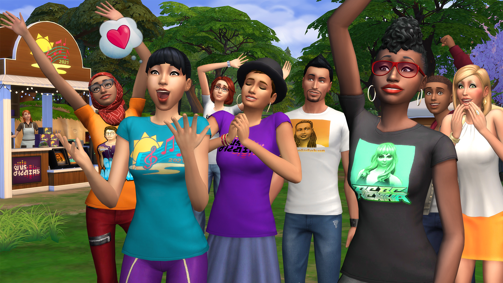 A screenshot from the Sims 4 with several sims looking at the camera and cheering