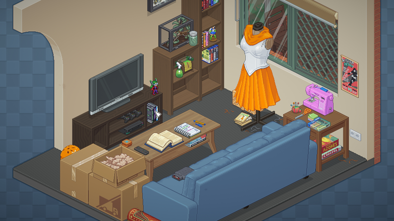 Screenshot of an apartment level of Unpacking with a sewing machine and Sailor Moon like dress