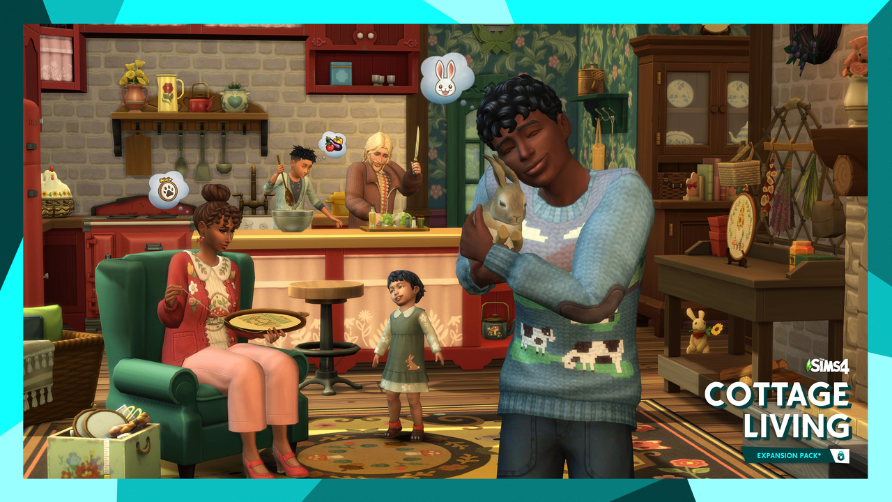 A family of Sims inside their cottage. The one at the front is wearing a cow sweater and holding a rabbit. There are others sitting and standing behind them