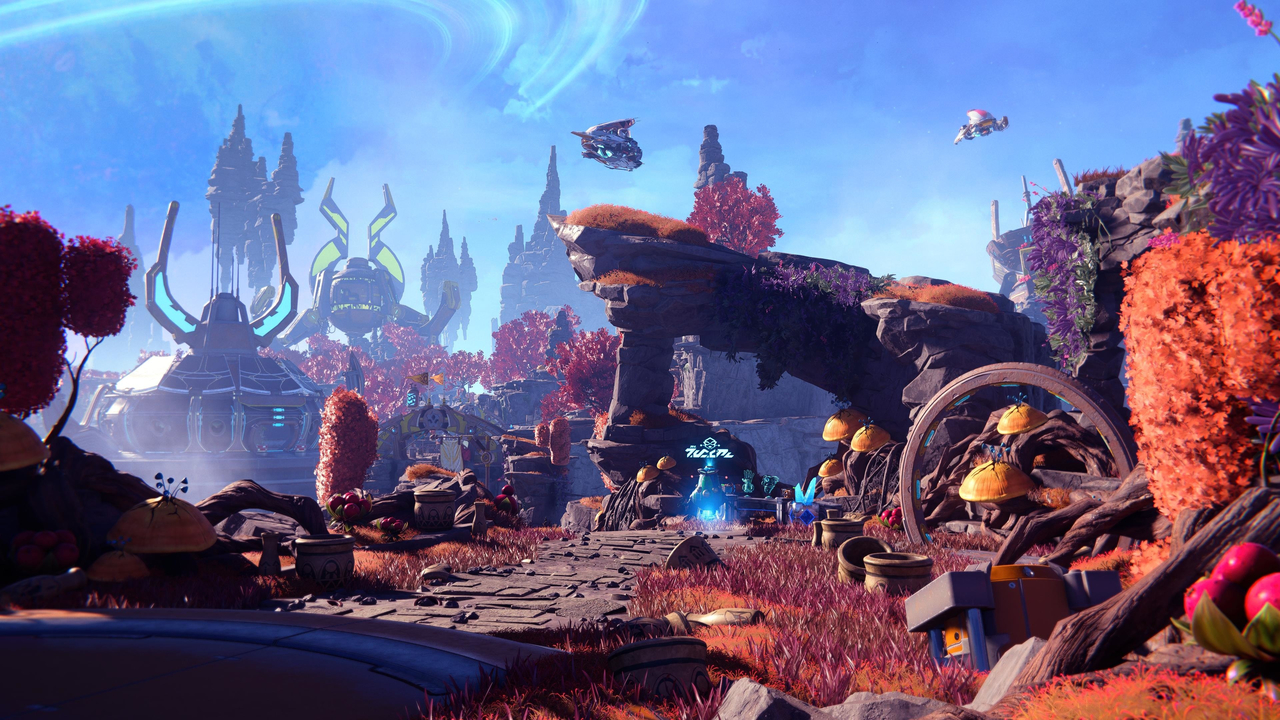 A screenshot of one of the planets in Ratchet and Clank Rift Apart. It's dry and covered in red rocks