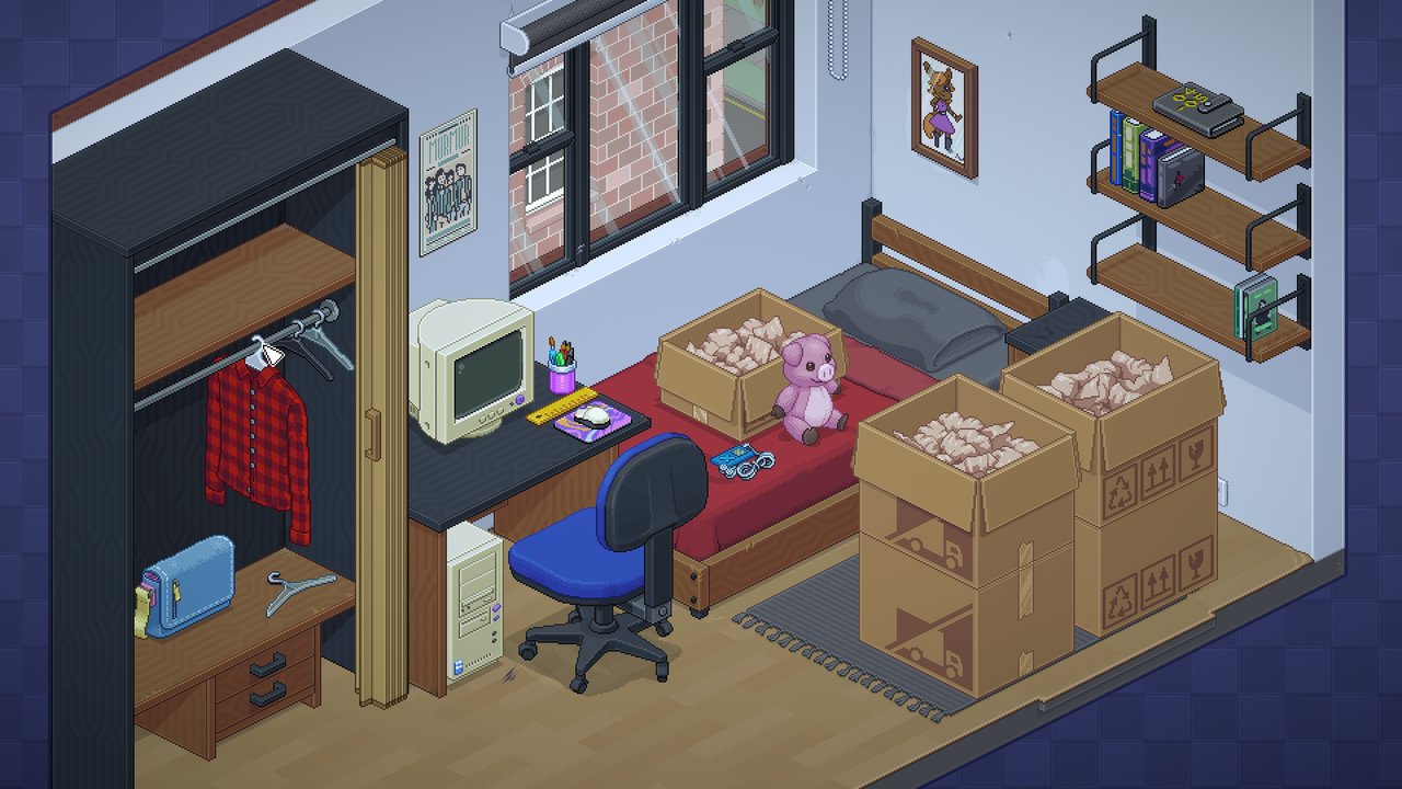 Screenshot of the dorm room level of Unpacking