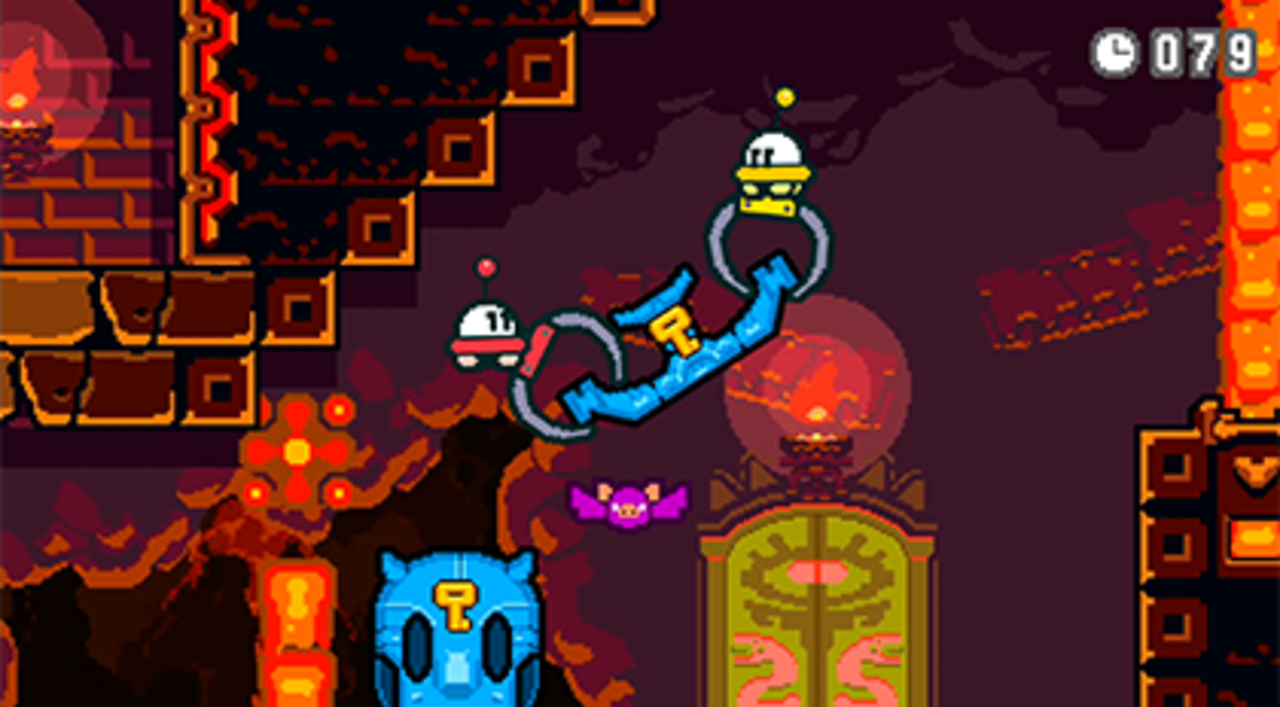 Two UFOs carrying something upwards in a cave level with a bat