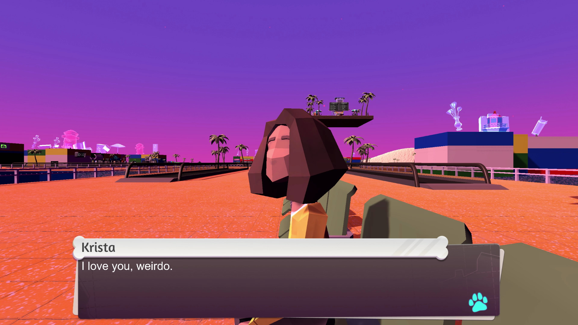 The player character's fiance, Krista, saying "I love you, weirdo"