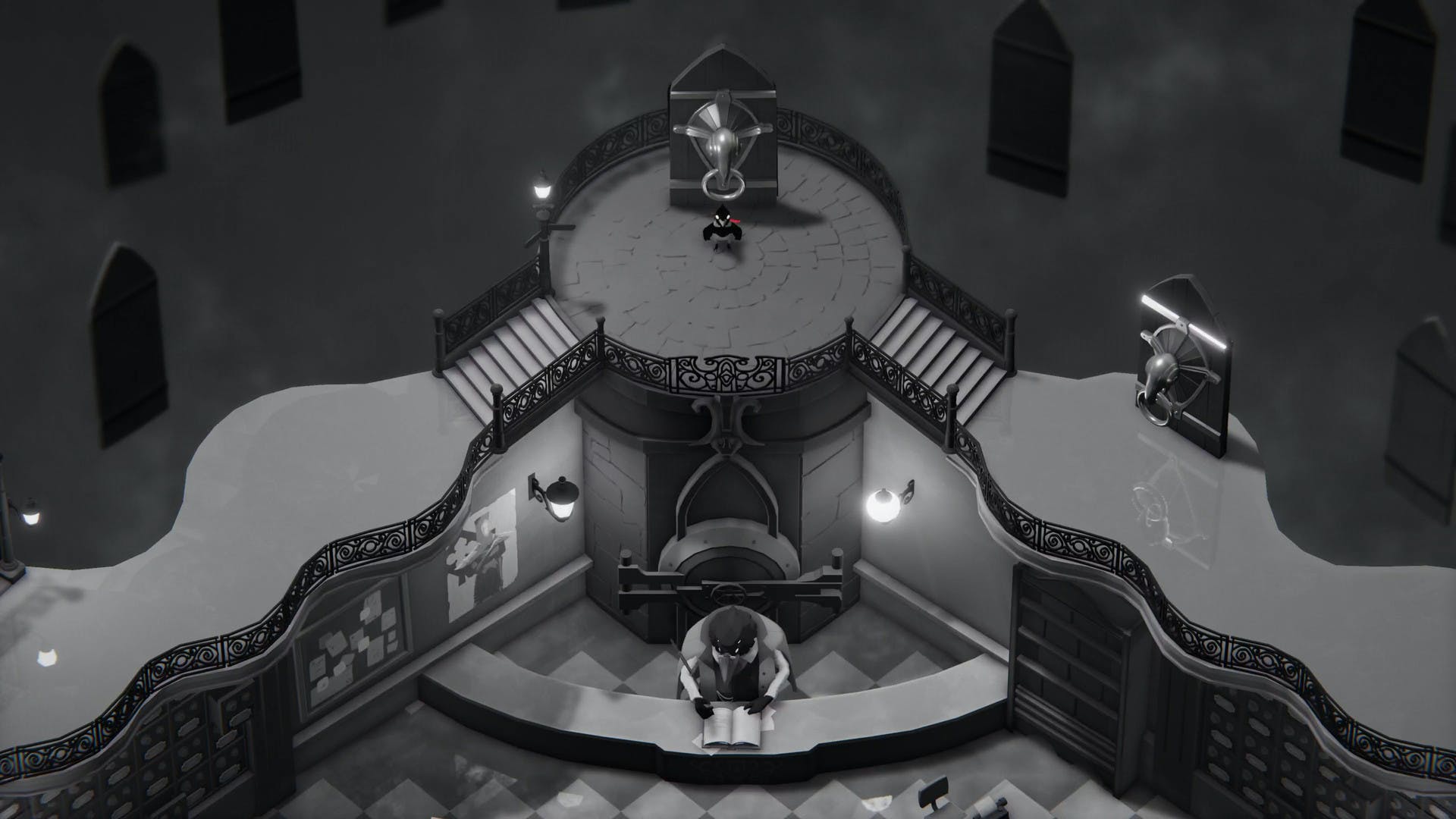 A screenshot of the central office in Death's Door, which is all in greyscale. There's a large crow with four eyes sitting behind the desk